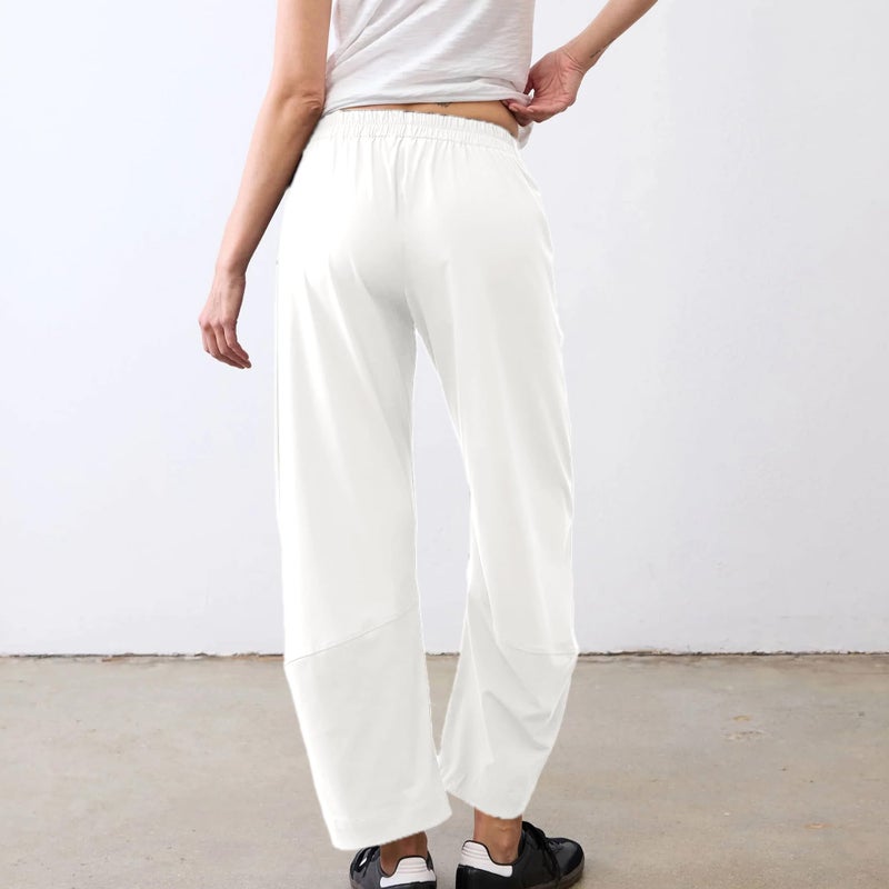 SeeLuNa Women Barrel Travel Pants Elastic Waistband Tapered Leg Baggy Mid Rise Work Trousers Lounge Pant with Pockets(White,S) - Image 2