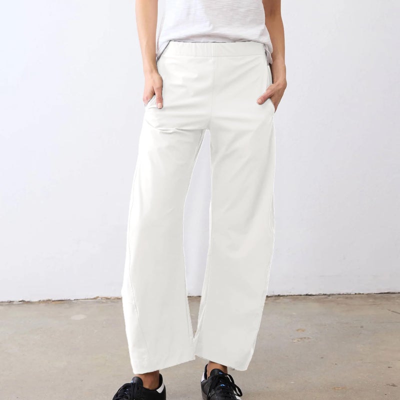 SeeLuNa Women Barrel Travel Pants Elastic Waistband Tapered Leg Baggy Mid Rise Work Trousers Lounge Pant with Pockets(White,S) - Image 3