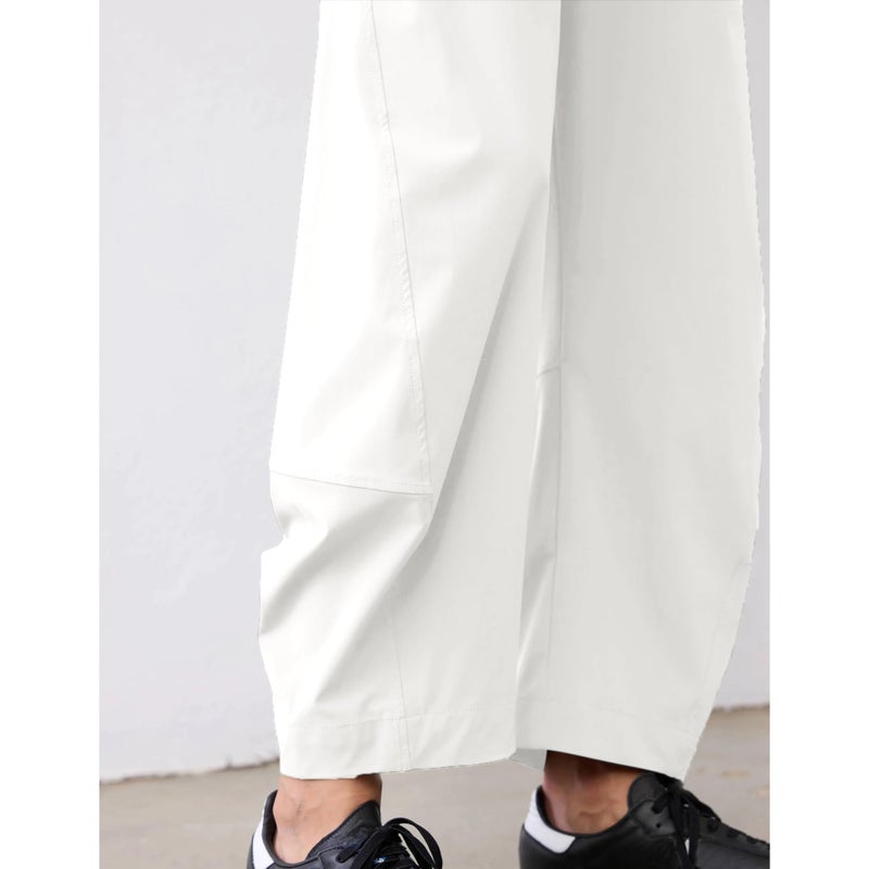 SeeLuNa Women Barrel Travel Pants Elastic Waistband Tapered Leg Baggy Mid Rise Work Trousers Lounge Pant with Pockets(White,S) - Image 4
