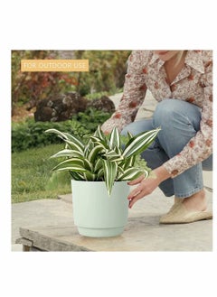 KASTWAVE Plastic Flowerpot, 7.8 Inch Indoor Plant Pots Round Straight Anthony Flower Pot with Hole and Tray Modern Decorative for Outdoor Garden Home, Balcony Courtyard Potted (Set of 2, Green)  - Image 5