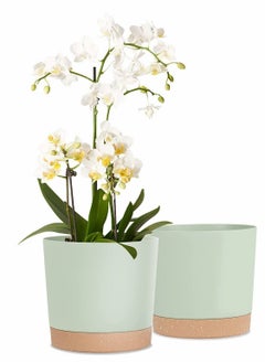 KASTWAVE Plastic Flowerpot, 7.8 Inch Indoor Plant Pots Round Straight Anthony Flower Pot with Hole and Tray Modern Decorative for Outdoor Garden Home, Balcony Courtyard Potted (Set of 2, Green)  - Image 1