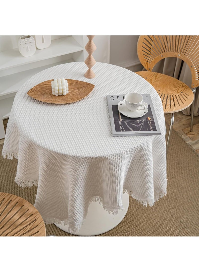 كيلا مفرش طاولة أبيض من الدانتيل، مصنوع من القطن والكتان، مستطيل الشكل ومستدير، مع شرابات، مناسب للمنزل وحفلات أعياد الميلاد وحفلات الزفاف (المقاس: 90*90 سم) - Image 3