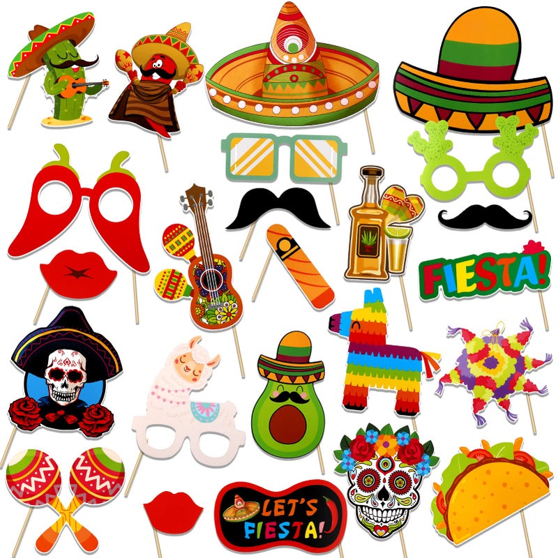 مجموعة زينة حفلة فييستا HOWAF لصور الكشك المكسيكي - زينة حفلة التاكو مع صبار وفلفل وقبعة سُمبريرو لصور السيلفي لحفلة سينكو دي مايو واحتفالات عيد الميلاد المكسيكي - 24 قطعة