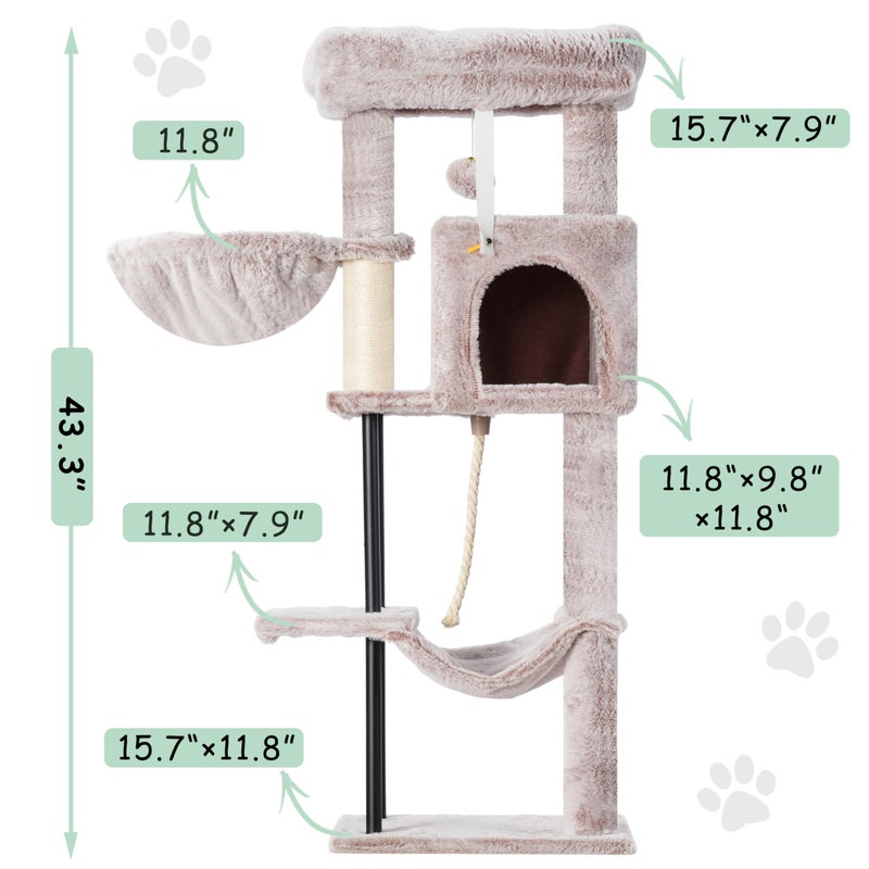 Gitelsnour Cat Tree, Cat Tower for Indoor Cats, 43.3 inch Cat Tree Tower with Sturdy Steel Tube, Cat Hammock, Cat Condo for Small Cats and Kittens, Cat Scratching Post, Muchroom GCT004SMU - Image 3