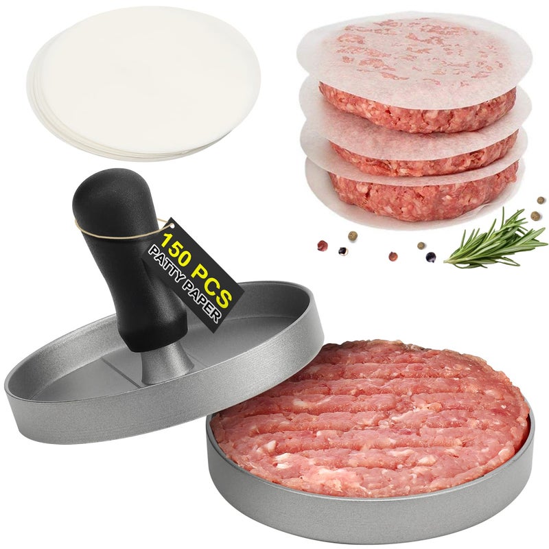 TACGEA Burger Press 150 Patty Papers, Non-Stick Hamburger Patty Maker with Wax Paper, Aluminum Burger Maker for Kitchen BBQ Grill - Image 1