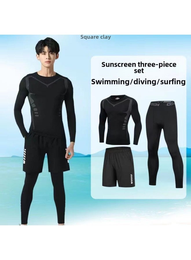 Generic Swimming Trunks Men's Adult Swimsuit Men's Summer Quick-drying Sunscreen Long-sleeved Split Beach Surfing Floating Diving Suit-Color:Printed Short Sleeves + Black Tight Shorts-Size:2xl 【 80-90kg 】  - Image 2