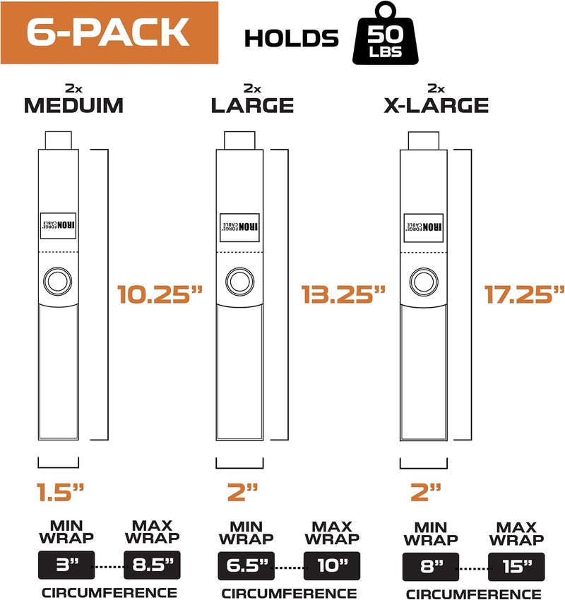 IRON FORGE CABLE Extension Cord Wrap Organizer, 6 Piece Multi-Pack of Storage Straps - 2 Medium, 2 Large, and 2 XL Hook and Loop Hanger Wraps for Power Cables, Hoses, Ropes, and More - Image 3