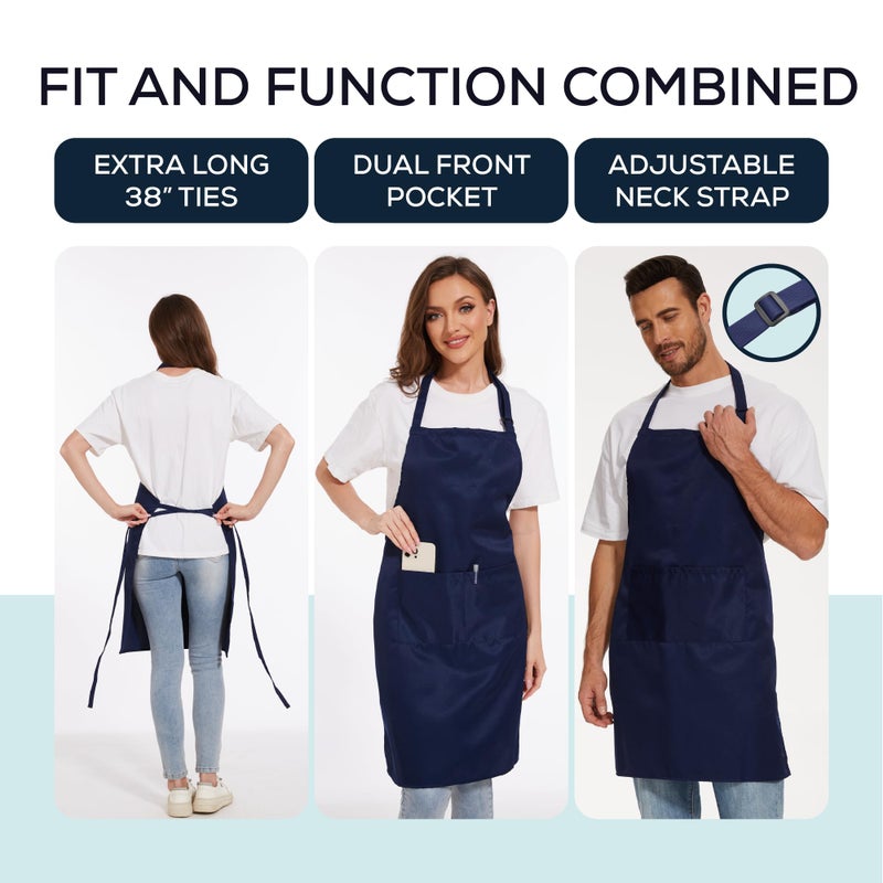 Will Well Kitchen Apron for Men and Women - 33"" x 27"" Oil-and-Water-Resistant with Adjustable Neck Strap and 38"" Waist Ties for a Snug Fit  Lightweight with 2 Front Pockets - 1-Pack  Navy - Image 2