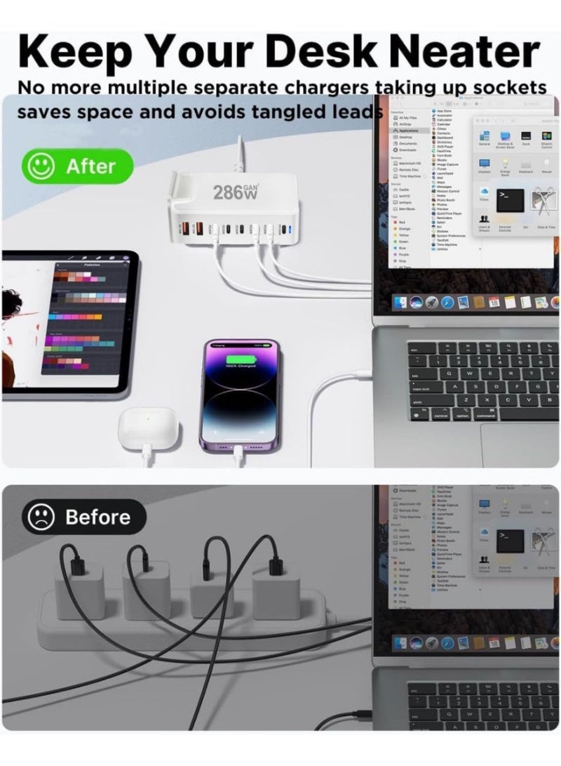 تشانجلي شاحن 286 واط GaN USB C ، 8 منافذ من النوع C محطة شحن سريع ، كتلة محور محطة شحن سريع ، شاحن حائط محول قطاع طاقة ، مكعب توصيل 6 PD USB C 2 QC USB A شاحن كمبيوتر محمول لجهاز MacBook Air Sumsung S23 iPhone 15 14 iPad - Image 2