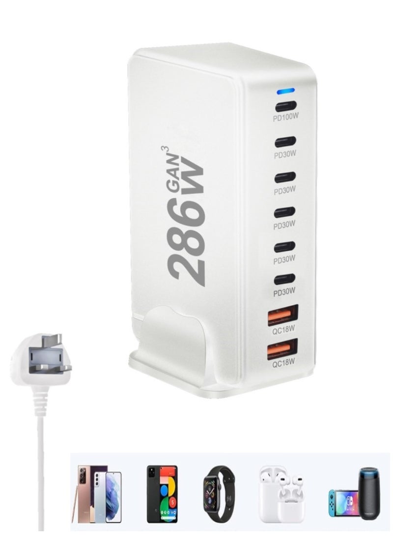 تشانجلي شاحن 286 واط GaN USB C ، 8 منافذ من النوع C محطة شحن سريع ، كتلة محور محطة شحن سريع ، شاحن حائط محول قطاع طاقة ، مكعب توصيل 6 PD USB C 2 QC USB A شاحن كمبيوتر محمول لجهاز MacBook Air Sumsung S23 iPhone 15 14 iPad - Image 1