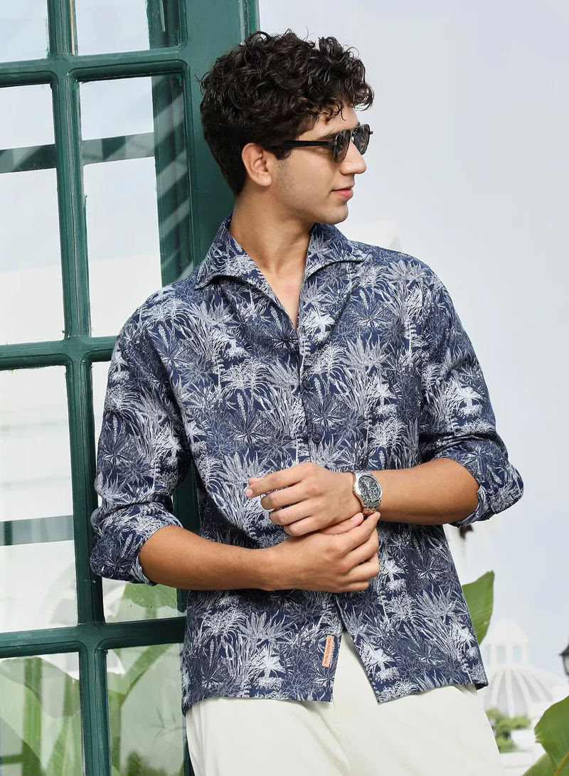 Campus Sutra Campus Sutra Men's Navy Blue Botanical-Foliage Jacquard Shirt | Wing Collar , Long Cuffed Sleeves , Button Closure , Straight Hem | Botanical Jacquard | Cotton-Blend Shirt For Casual Wear
