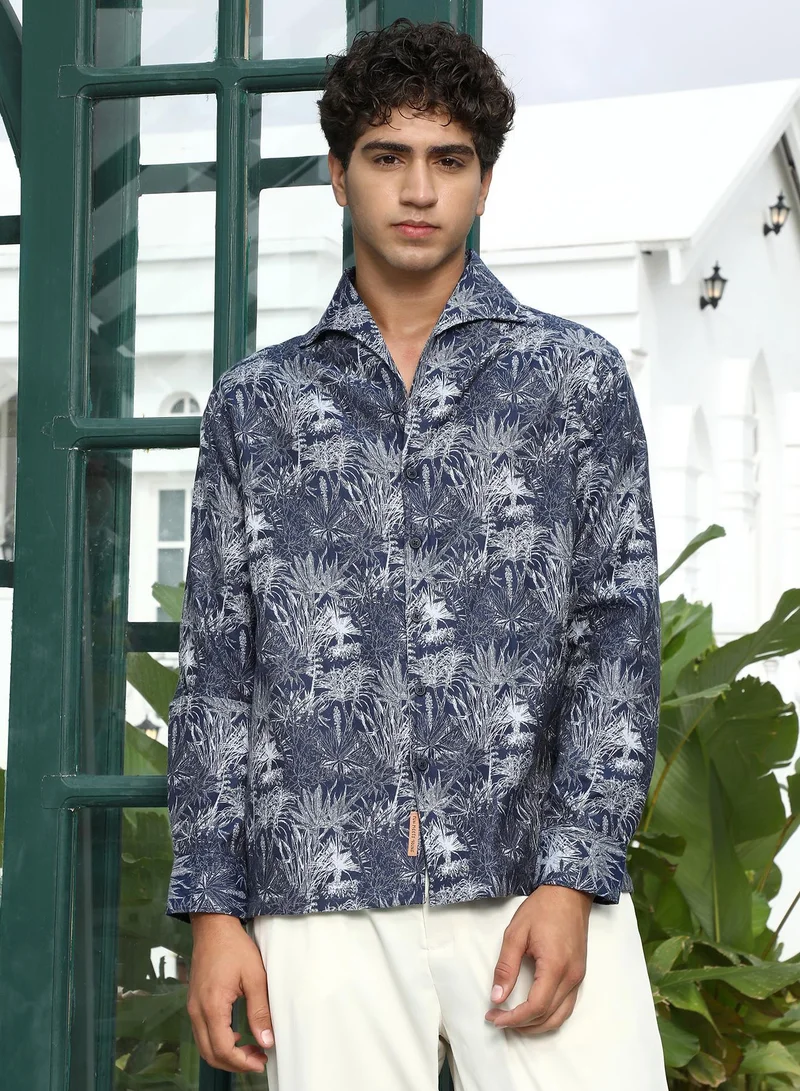Campus Sutra Campus Sutra Men's Navy Blue Botanical-Foliage Jacquard Shirt | Wing Collar , Long Cuffed Sleeves , Button Closure , Straight Hem | Botanical Jacquard | Cotton-Blend Shirt For Casual Wear