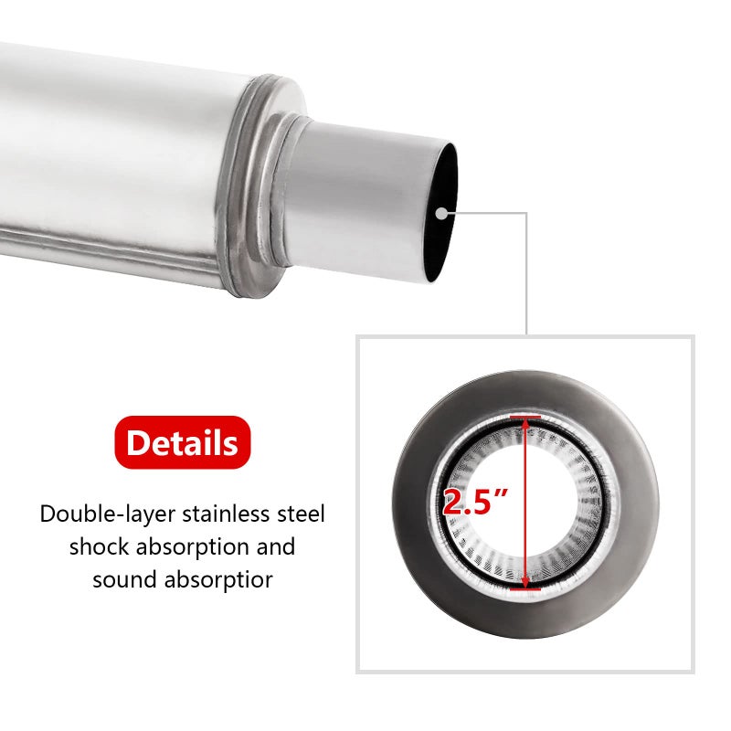 TECTRUC 2.5'' Mufflers, 2.5" Inlet/Outlet Exhaust Muffler Universal Resonator Stainless Steel Straight Through Design Exhaust Tip,20'' Overall Deep Sound for Cars (2.5'' Inlet 2.5'' Outlet) 2pack - Image 3
