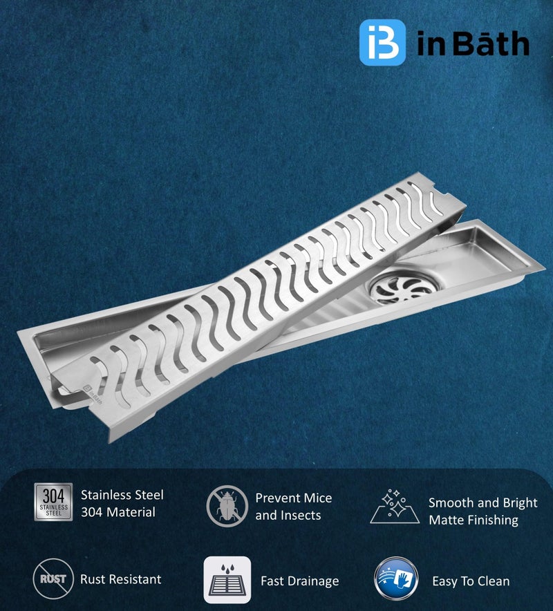 InBāth قناة تصريف الدش InBath Wave مع طوق | 24x4 بوصة | مصفاة دش | تصريف أرضي | من الفولاذ المقاوم للصدأ 304 | نوع الثقب الجانبي - Image 3