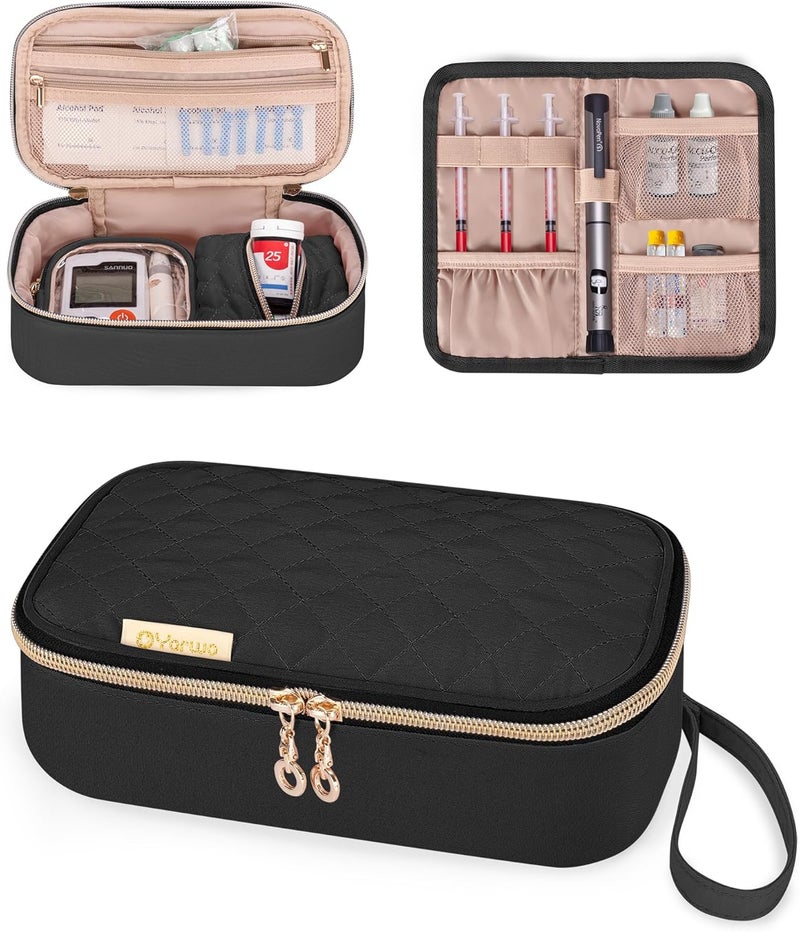 YARWO Yarwo Diabetic Travel Case for Blood Glucose Monitor, Test Strips, Insulin Syringes, Diabetes Supplies Storage Bag with 2 Detachable and 1 Folding Pouches for Diabetic Care Kits, Black (Bag Only) 