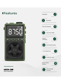 GREEN LION Voyager Portable Radio with Bluetooth Speaker and Flashlight / Digital Radio Display / Lock & Sleep Function / Earphone Jack 3mm / Micro SD / Compact & Potable for Outdoor and Camping - Green  - Image 2