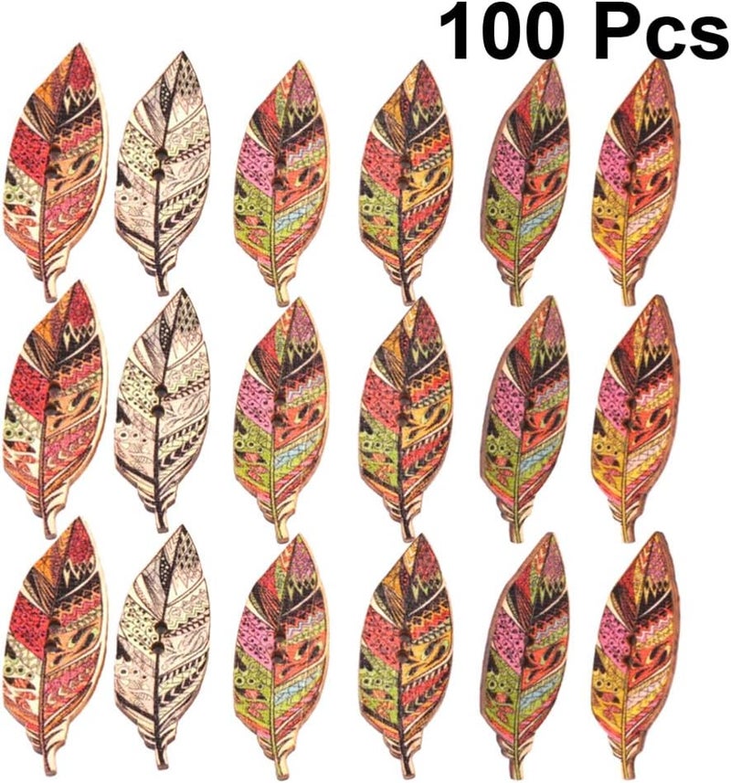 klarako 100pcs Leaves Decor Vintage Scrapbook Decorative Wood Button Assorted Buttons Vintage Buttons Red Button Woodsy Decor Antique Decor Clothes Buttons Manual Wooden Do It Yourself - Image 2