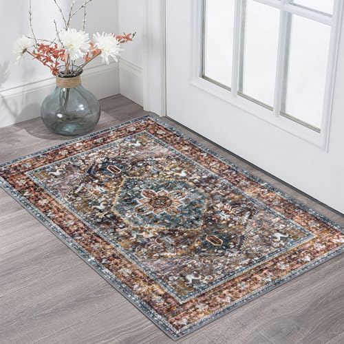 KOZYFLY Small Area Rug 2x3 Ft Rugs for Entryway Washable Boho Entry Rug Non Slip Door Mat Indoor Entrance Faux Wool Vintage Printed Kitchen Rug Throw Rugs for Entrance Kitchen Brick RedOrangeGreen - Image 1