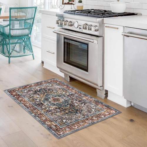 KOZYFLY Small Area Rug 2x3 Ft Rugs for Entryway Washable Boho Entry Rug Non Slip Door Mat Indoor Entrance Faux Wool Vintage Printed Kitchen Rug Throw Rugs for Entrance Kitchen Brick RedOrangeGreen - Image 3