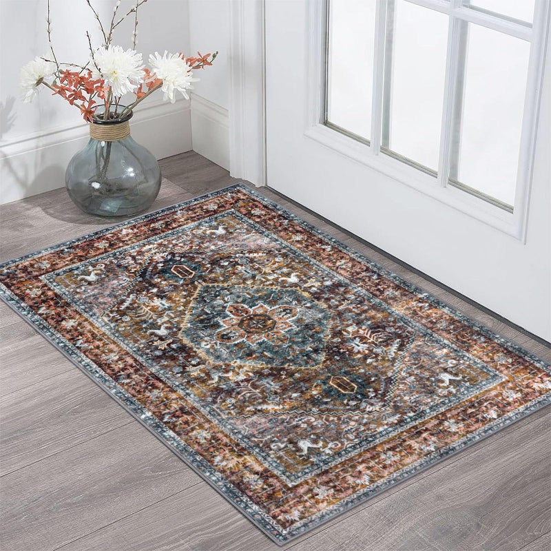 KOZYFLY Small Area Rug 2x3 Ft Rugs for Entryway Washable Boho Entry Rug Non Slip Door Mat Indoor Entrance Faux Wool Vintage Printed Kitchen Rug Throw Rugs for Entrance Kitchen Brick RedOrangeGreen - Image 2