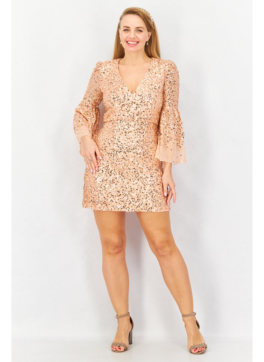 French Connection Women V-Neck Sequins Mini Dress, Dusty Pink  - Image 4