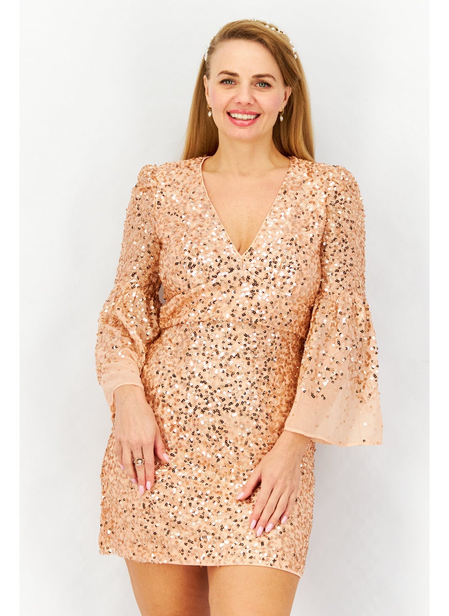 French Connection Women V-Neck Sequins Mini Dress, Dusty Pink  - Image 1