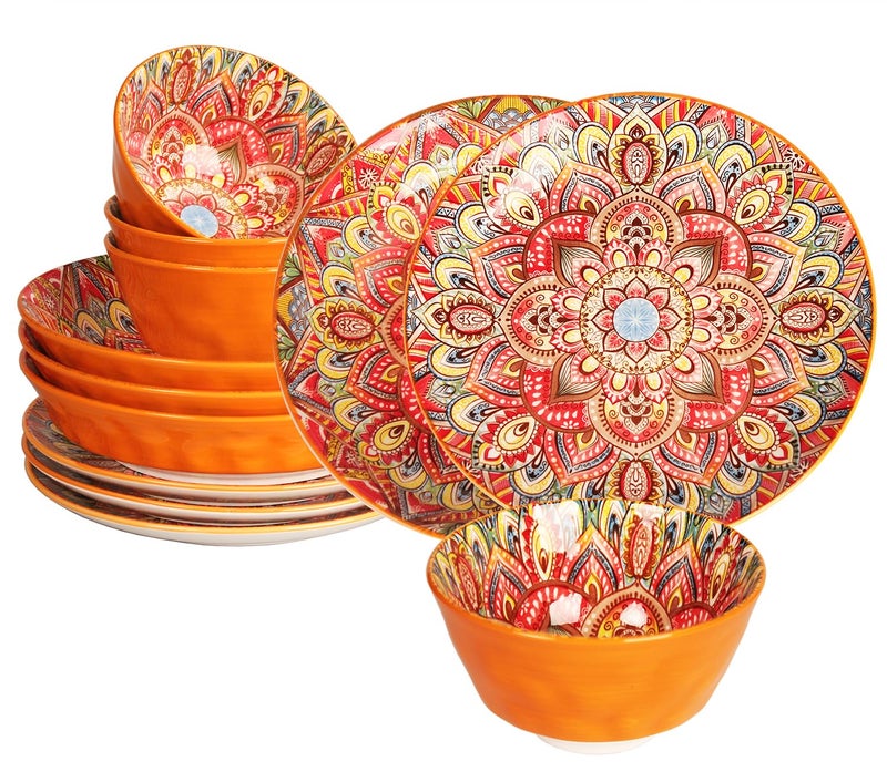 YA JU Mandala Dinnerware Sets (12 Pcs) Serves 4, Buffet Dinnerware, Boho Plates and Bowls Dish Set with 8" salad Plate 8" Dessert Plate 4.8" bowl, apply Casual dining Indoor Outdoor Dining Party - Image 1