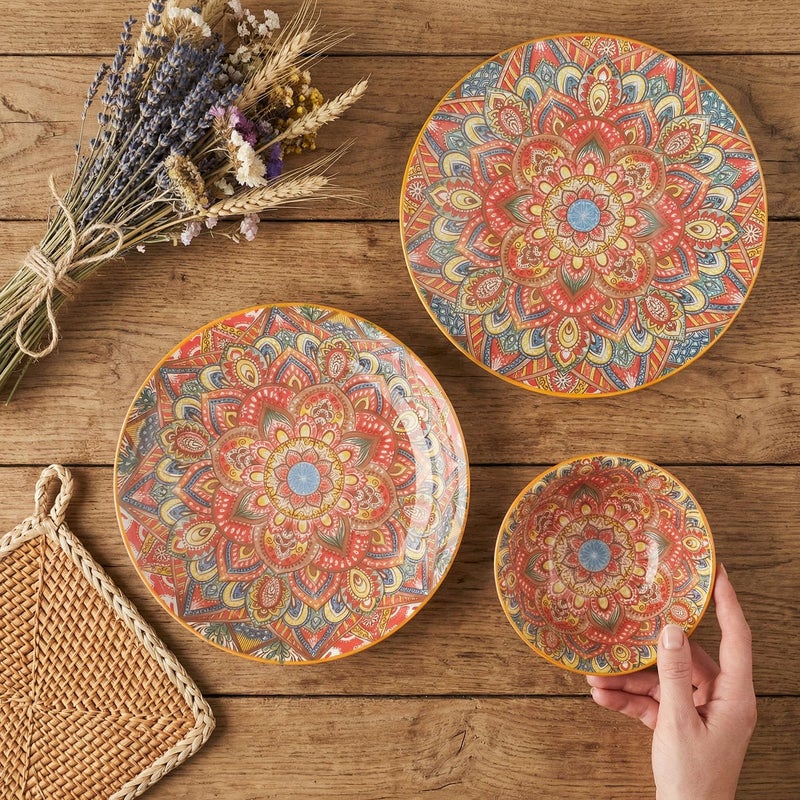 YA JU Mandala Dinnerware Sets (12 Pcs) Serves 4, Buffet Dinnerware, Boho Plates and Bowls Dish Set with 8" salad Plate 8" Dessert Plate 4.8" bowl, apply Casual dining Indoor Outdoor Dining Party - Image 5