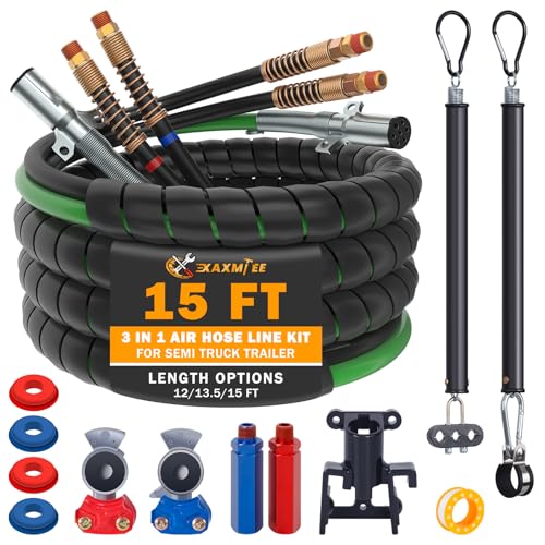 XaXmTee 15 FT Semi Truck Air Lines Kit with 2 Pcs Tender Spring Kit and Glad Hands with Gladhand Holder & Handles 3IN1 Trailer Cord and Air Hoses Kit for Truck Trailer Tractor - Image 1
