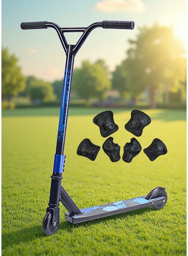 إيزي فيتشور سكوتر حركات بهلوانية بعجلتين من إيزي فيوتشر - سكوتر احترافي للحركات البهلوانية، مزود بشريط تثبيت من الألومنيوم، وعجلات ألومنيوم ١١٠ مم، ومقود عريض على شكل حرف T، وفرامل فولاذية، وخفيف الوزن، ودوار بزاوية ٣٦٠ درجة. مناسب للمبتدئين والمتوسطين، مع طقم معدات واقية. - Image 4