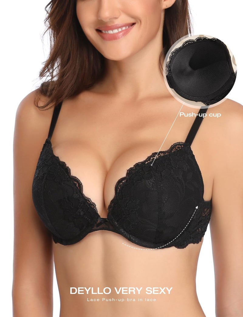 Deyllo Womenâ€™s Push Up Lace Bra Comfort Padded Underwire Bra Lift Up Add One Cup(Black,32D) - Image 3