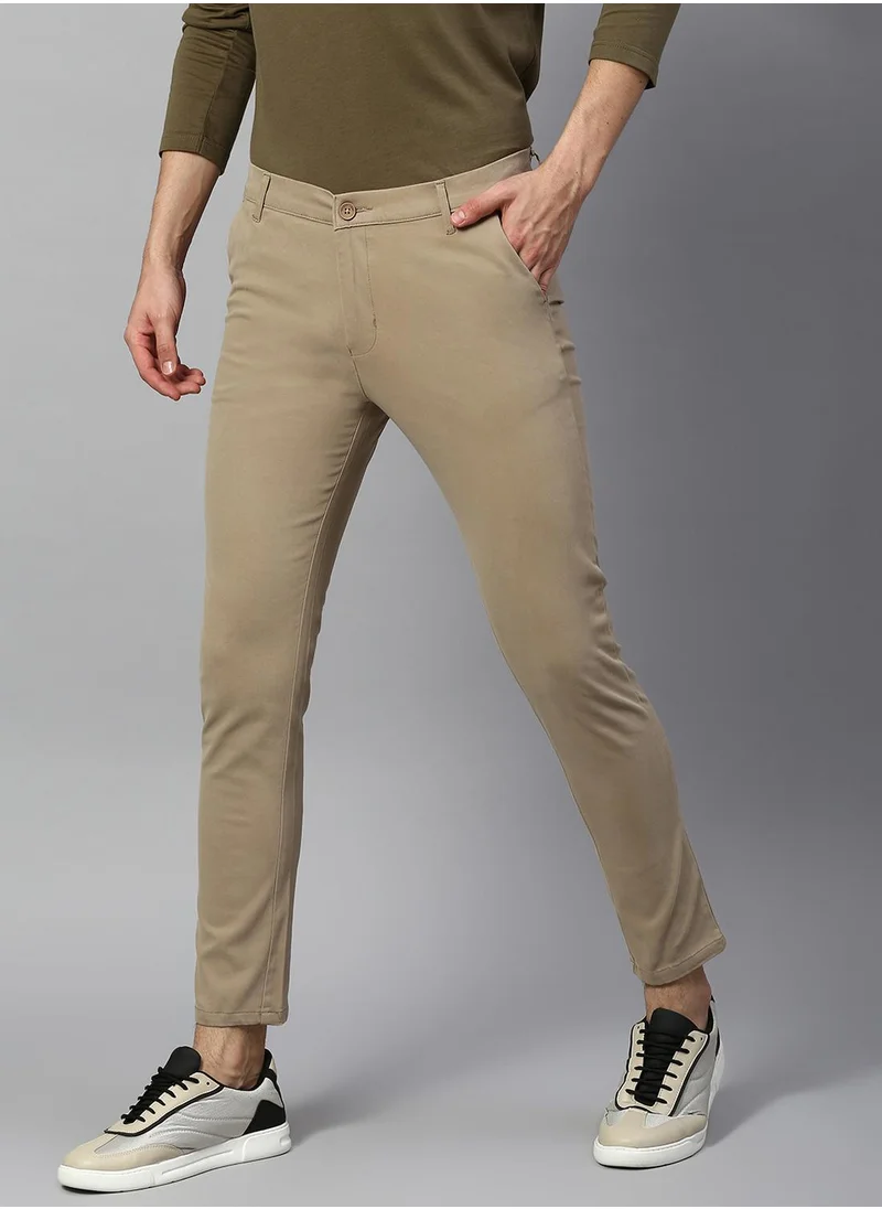 Dennis Lingo Men's Walnut 100% Cotton Solid Full Length Chinos Tapered Fit Trouser