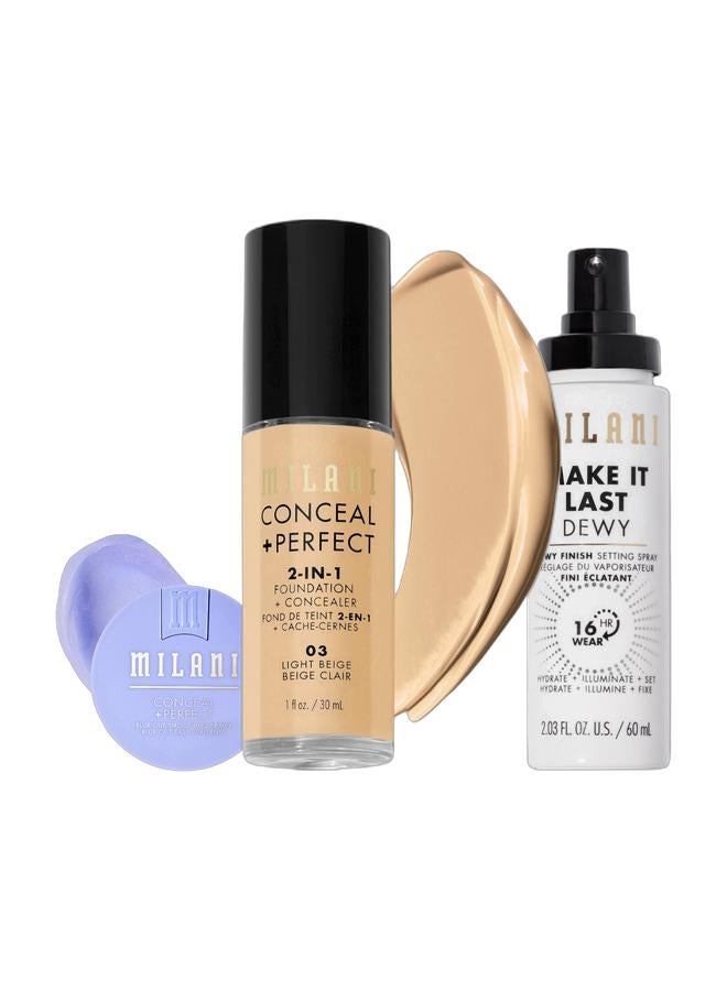 MILANI Conceal + Perfect 2 In 1 03 Light Beige & Make It Last Setting Spray 04 Dewy & Milani Conceal + Perfect Blur Out Smoothing Primer Bundle - Image 1