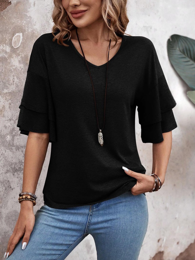 FUNBANG Blouses for Women Double Tiered 3/4 Sleeve Tops V Neck Ruffle Short Sleeve Tees 2026 Beach Vacation Flowy T-Shirts Spring Summer Fall 2026 Fashion Clothes Outfits,Black,Large Size,L - Image 2