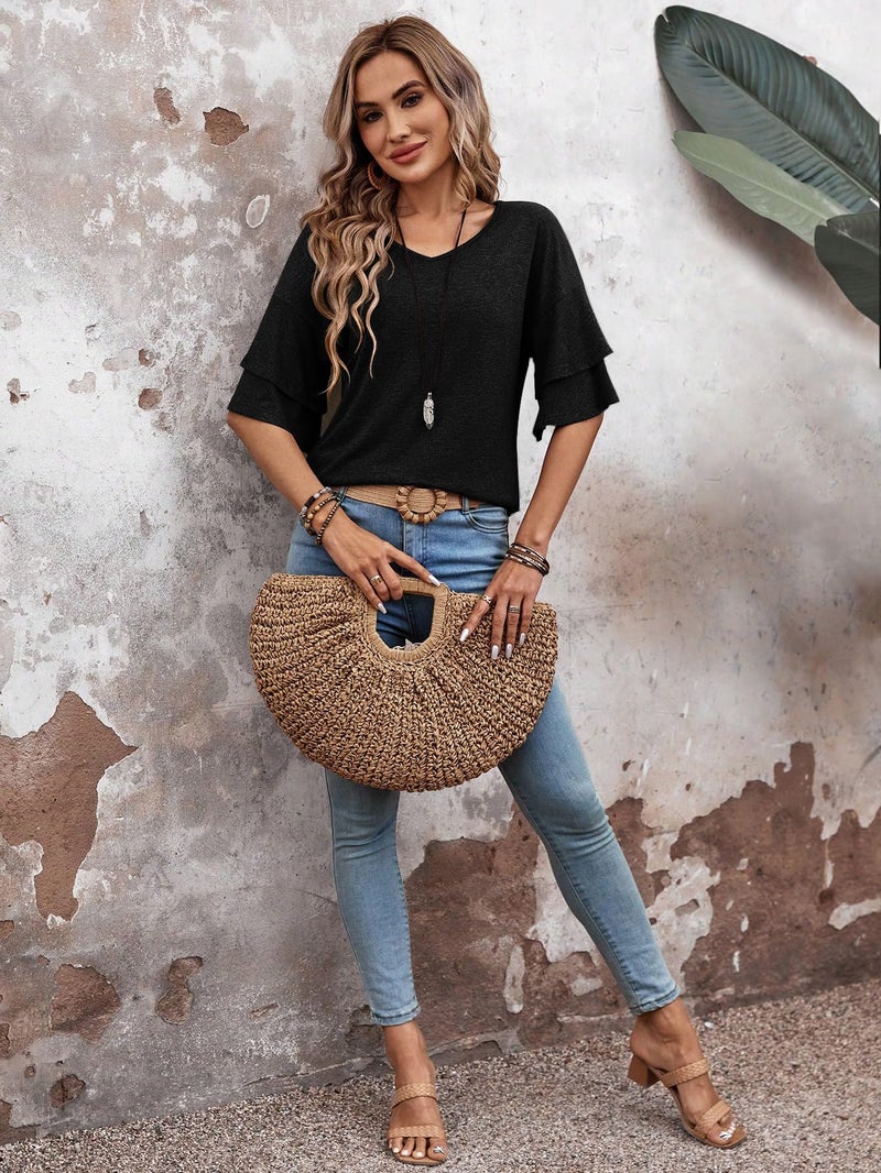 FUNBANG Blouses for Women Double Tiered 3/4 Sleeve Tops V Neck Ruffle Short Sleeve Tees 2026 Beach Vacation Flowy T-Shirts Spring Summer Fall 2026 Fashion Clothes Outfits,Black,Large Size,L - Image 4
