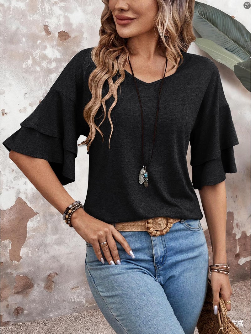 FUNBANG Blouses for Women Double Tiered 3/4 Sleeve Tops V Neck Ruffle Short Sleeve Tees 2026 Beach Vacation Flowy T-Shirts Spring Summer Fall 2026 Fashion Clothes Outfits,Black,Large Size,L - Image 3