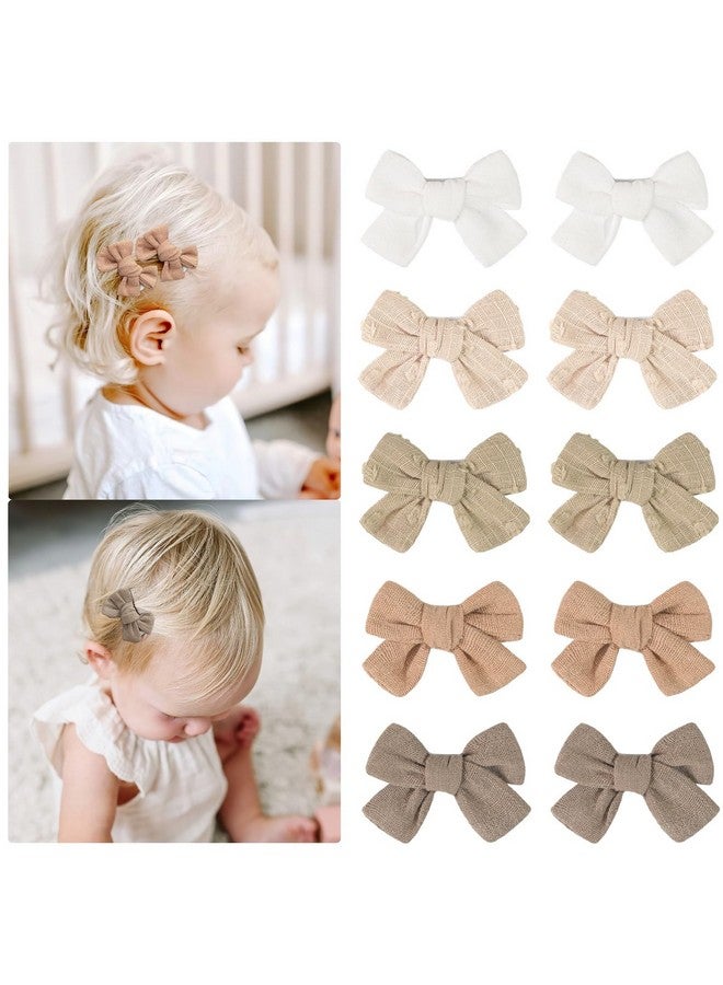 CÉLLOT 10 Pieces 2inch Girls Hair Bows Linen Fabric Bows Alligator Clips Hair Accessories for Baby Toddlers and Infants（5 Pairs Khaki Mini Bow） - Image 1