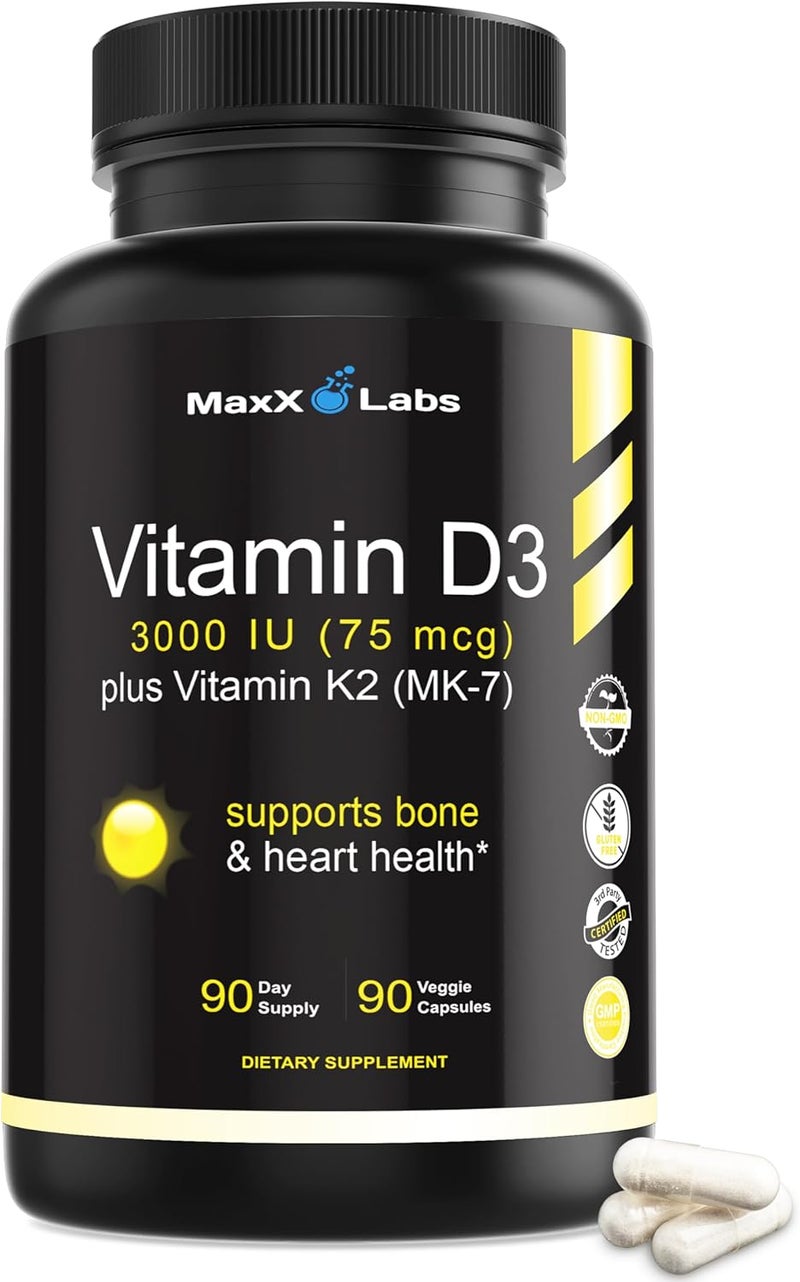 MaxX Labs Vitamin D3 K2 Supplement for Adults - 90 Veggie Capsules - Image 1