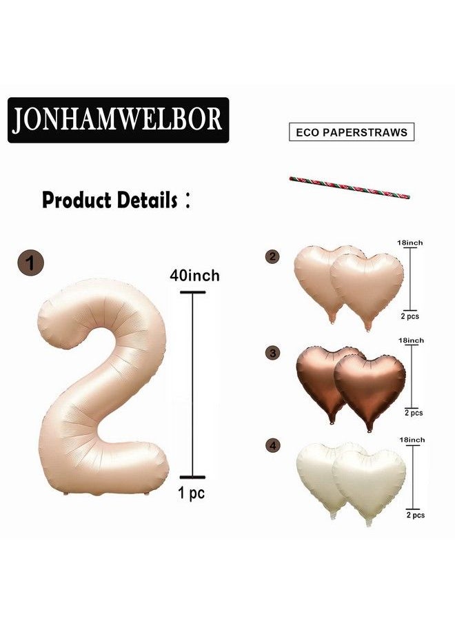 JONHAMWELBOR بالون رقم 2 بني فاتح مقاس 40 بوصة، كراميل ريترو مشمش كبير، رقائق معدنية هيليوم مايلار، بالونات على شكل قلب للبنات والأولاد في السنة الثانية من العمر، ديكور حفلات أعياد الميلاد (40 بوصة، بيج 2)  - Image 3