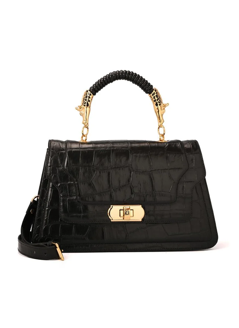 Carmen Steffens Black Croco Leather Top Handle Bag