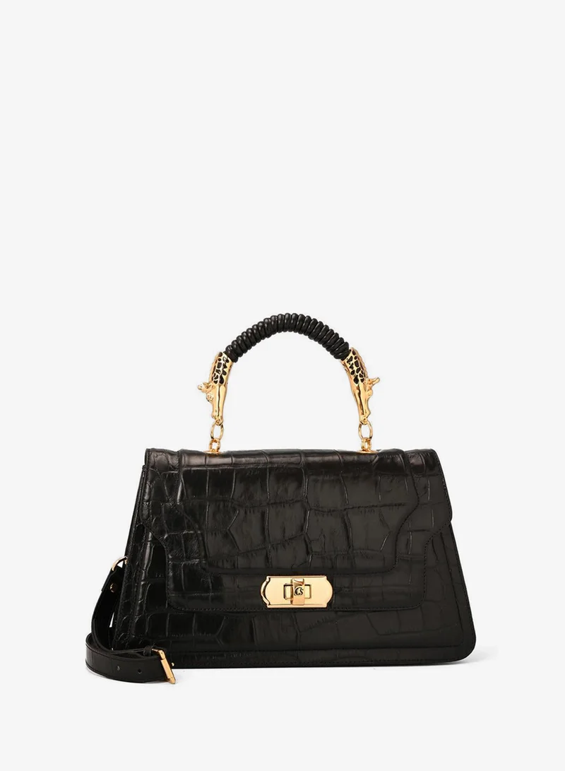 كارمن ستيفنز حقيبة يد جلد كروكو سوداء بمقبض علوي