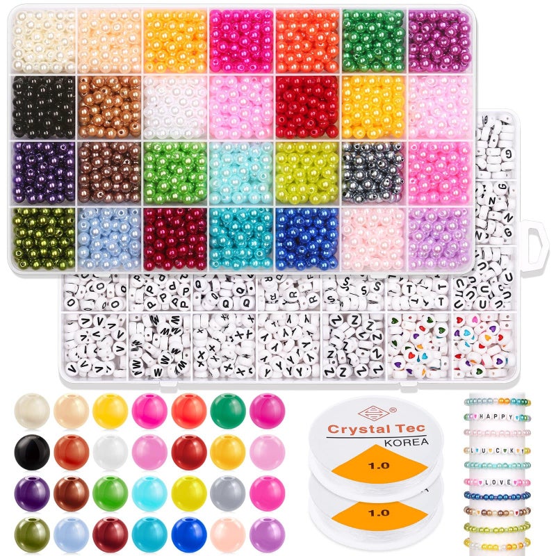 2000Pcs 6mm Small Pearl Beads for Jewelry Making 28 Colors with 1300Pcs Letter Beads for Bracelets Making Bead Kit Bracelets Making for Crafting