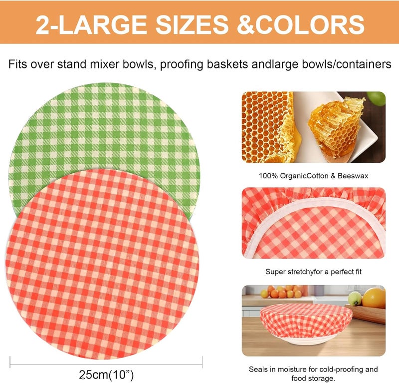 BERBAM Reusable Bowl Covers for Bread Proofing（2 Large）- Cotton Beeswax Bowl Covers Reusable with Elastic Rim, Sourdough Bowl Cover for Food Storage and Food Preservation (10INCH) (checkered) - Image 2