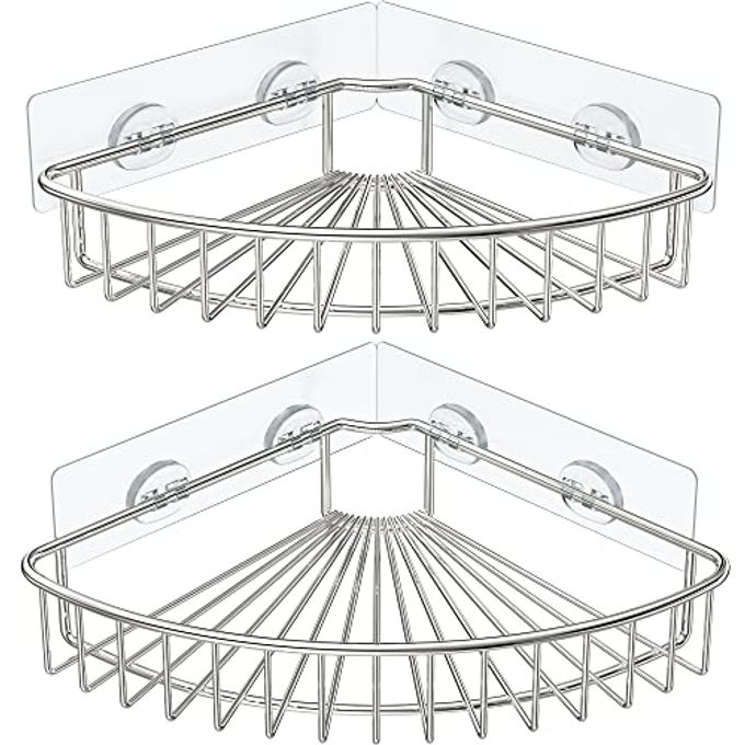 2PACK CORNER SHOWER CADDY WALL MOUNTED STORAGE BASKET SHELVE ADHESIVE BATHROOM SHELF ORGANISER FOR SHOWER TOILET DORM KITCHEN SUS304 STAINLESS STEEL NO DRILLING SILVER