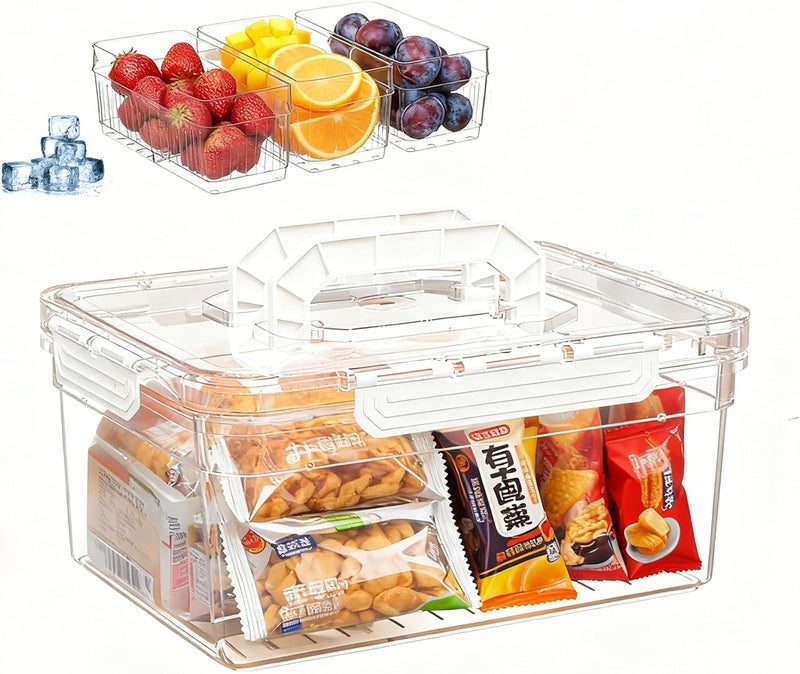 LLMRR Clear Plastic Storgae Bin with Lid & Handle, Airtight Snack Organizer with 3 Removable Drain Containers, Multi-Use Storage Bin for Pantry, Kitchen, Fridge, Home Organization, White - Image 1