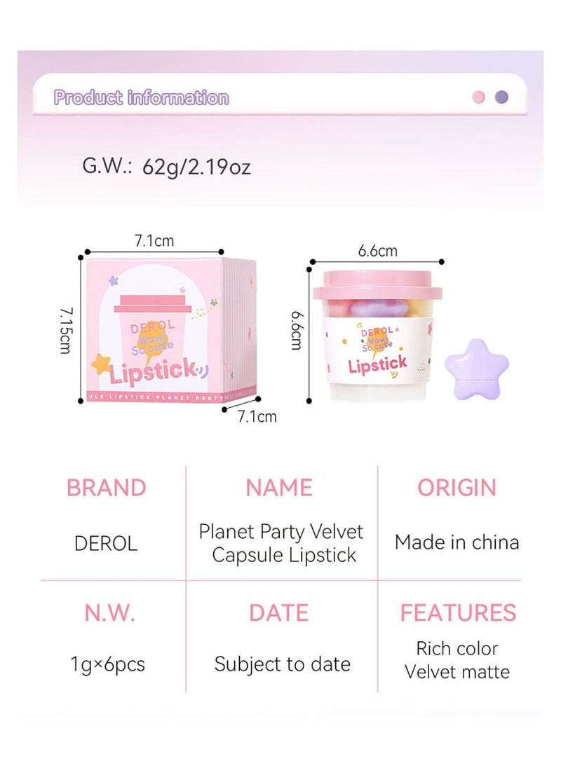 DEROL - Lipstick Set For Women 6pcs Matte Moisturizing Planet Party Capsule Lip Stick Velvet Long Lasting Waterproof Nude Non-Stick Cup 24 Hours Smudge Proof Permanent Color Stay Hydration Makeup Gift - Image 1