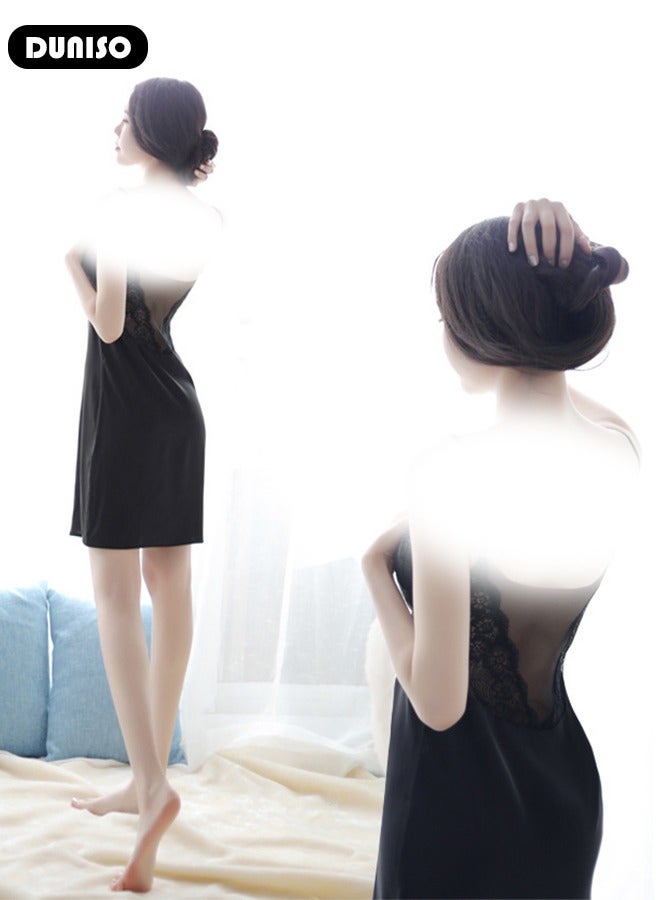 DUNISO Women's Pajama Dress, Satin Camisole Sleep Dress, V Neck Sleeveless Nightgown, Lingerie Nightdress, Comfort Home Clothes for Ladies - Image 3