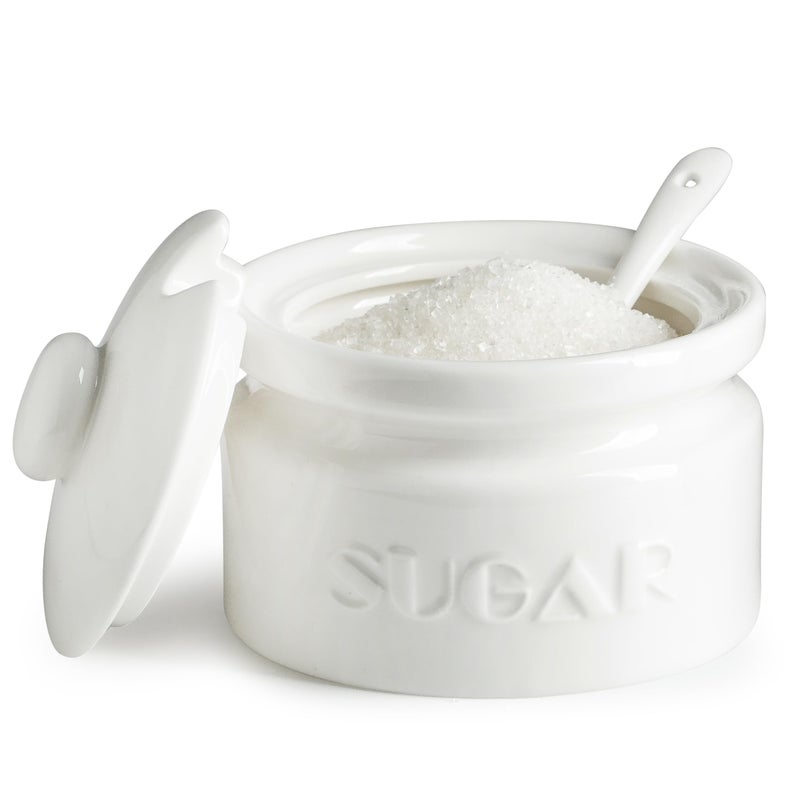 Gomakren White Sugar Bowl, Sugar Container with Lid and Spoon 10oz, Ceramic Sugar Jar for Kitchen, Coffee Bar, Countertop - Modern Farmhouse Kitchen Decor Valentines Day Gifts - Image 1