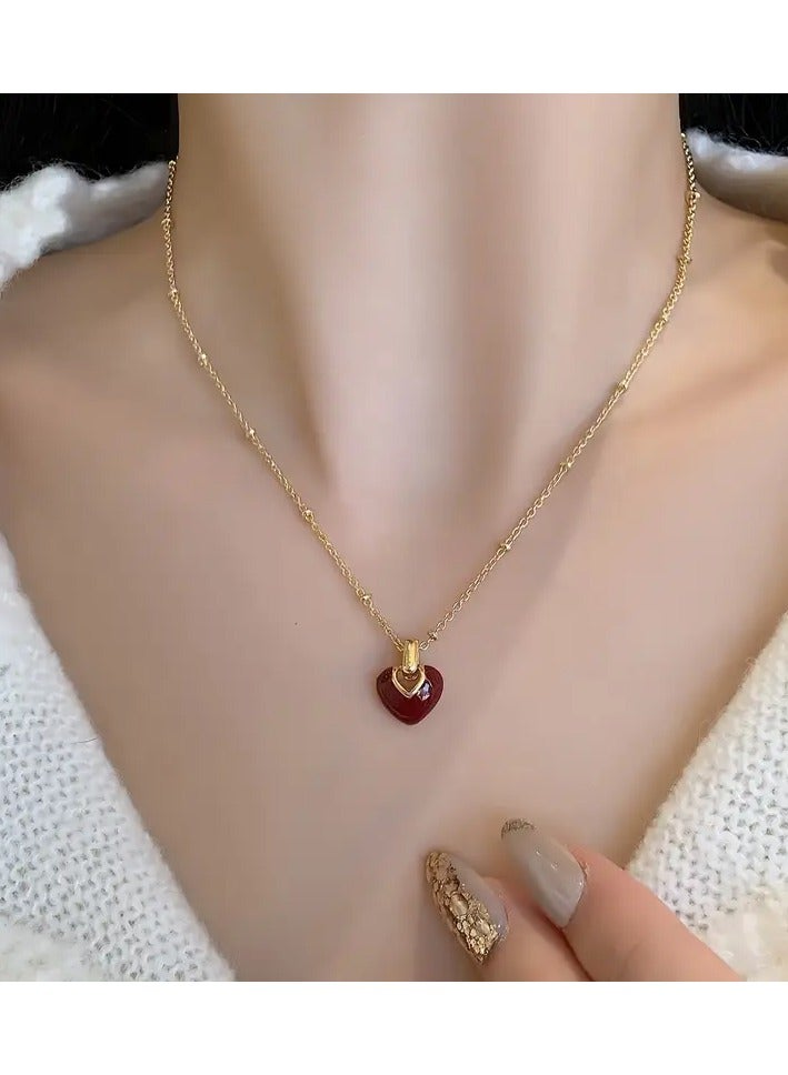 Goolsky Elegant 14K Golden Plated Zinc Alloy Necklace with Resin Red Heart Pendant, Simple Style for Daily and Party Occasions, All-Season Fashion Jewelry - Image 1