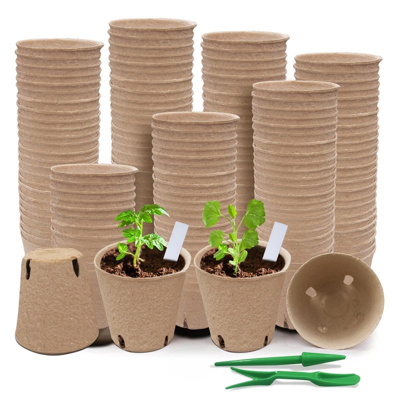 Baxrou 120 Pack 315 Inch Peat Pots Plant Starters for Seedling Herb Seed Starter Pots Kits Garden Germination Nursery Pot wit 30 Plant Labels 2 Transplant Tools